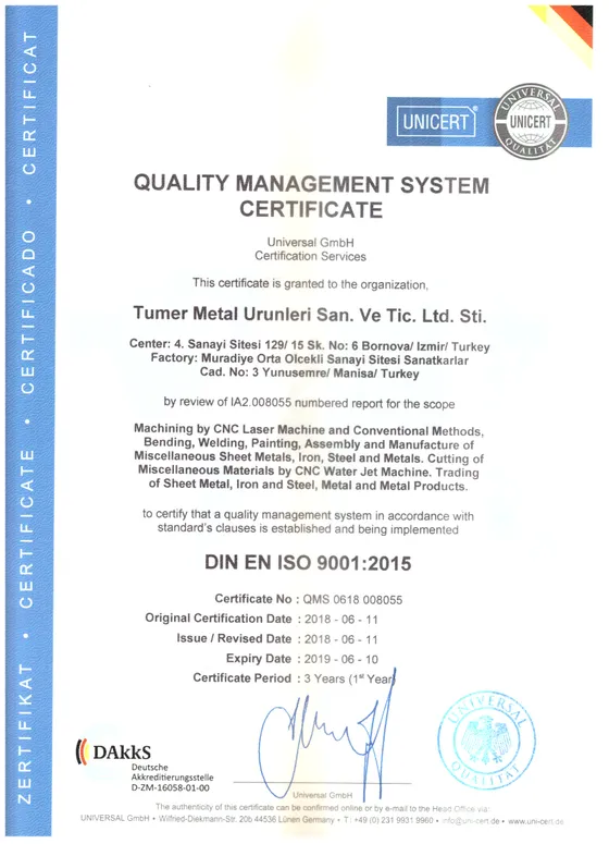 ISO 9001:2015 kalite belgesi (İngilizce)